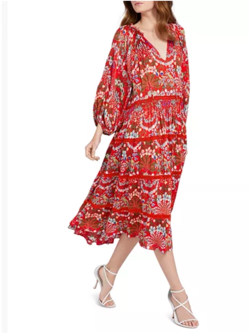 Alice + Olivia Layla Tiered Ruffle Midi Dress Red Floral Boho Coastal Large - Picture 16 of 16